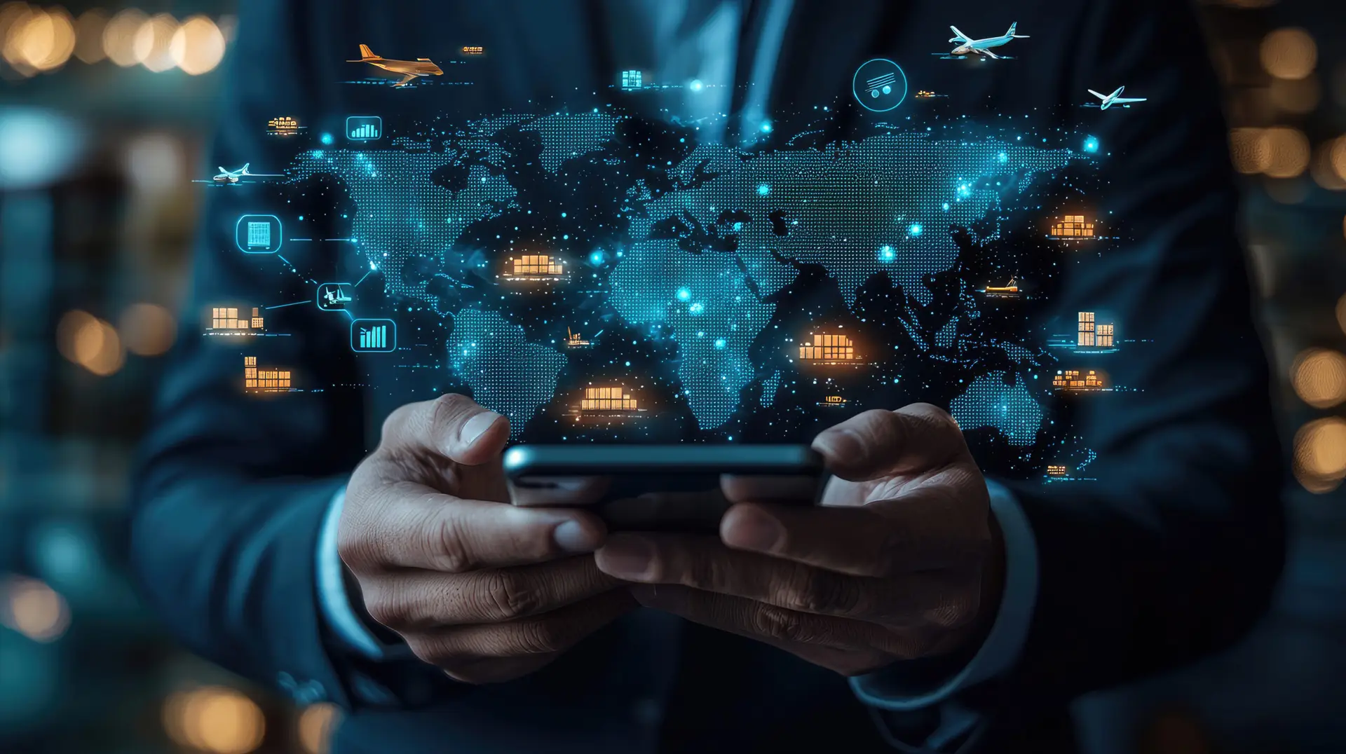 global logistics network on mobile phone supply chain, transportation, and international trade technology concept.