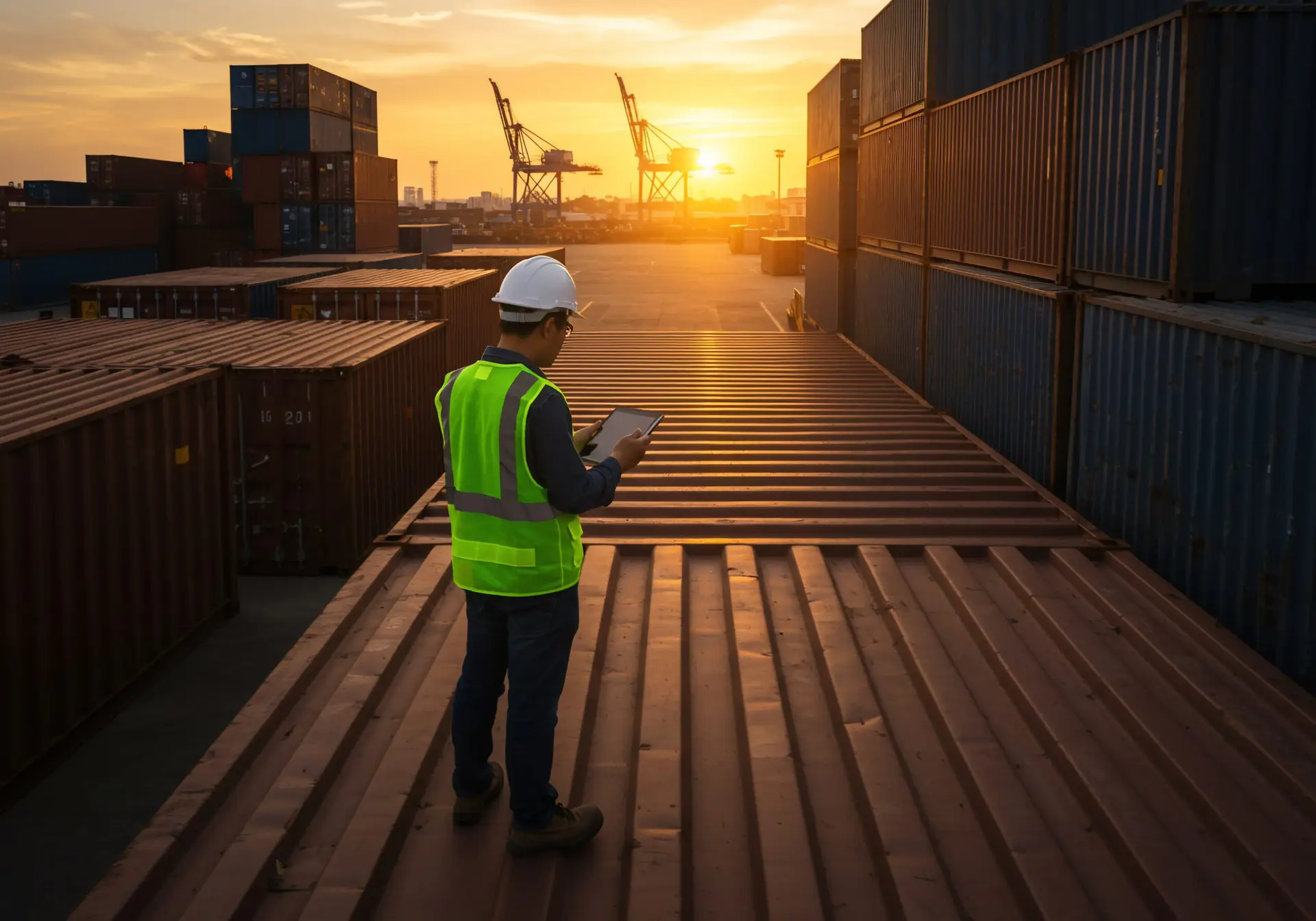 supervisor inspecting cargo containers at sunset
